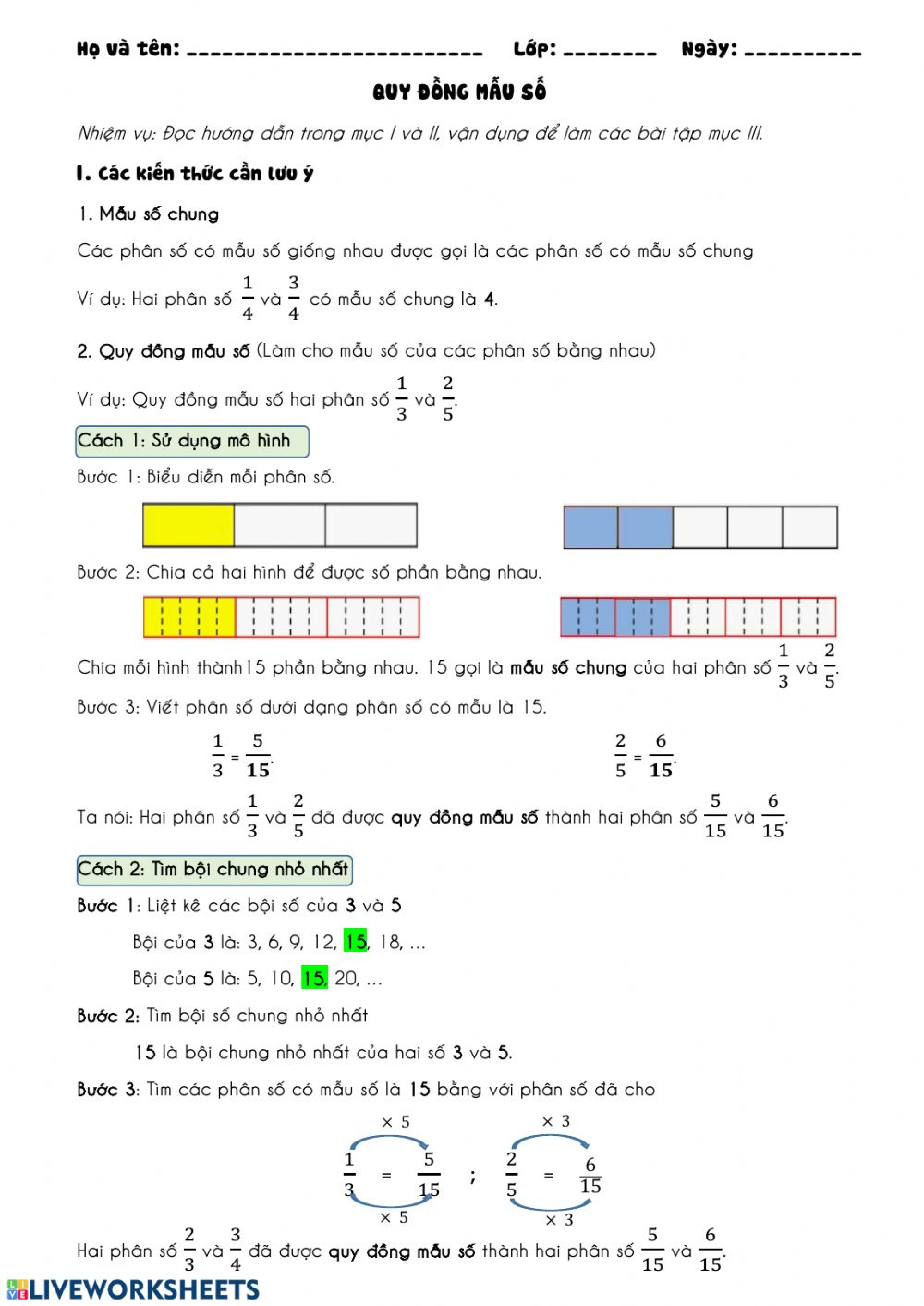 Find Common Denominators Worksheet Find Common Denominators Worksheet
