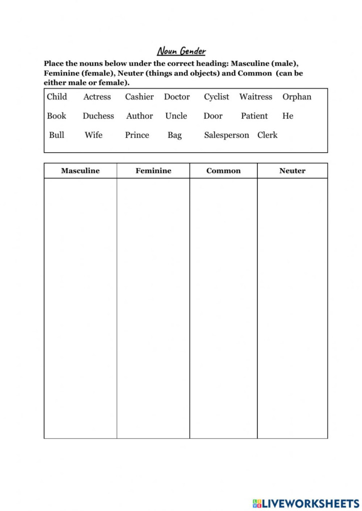 Noun Genders Worksheet
