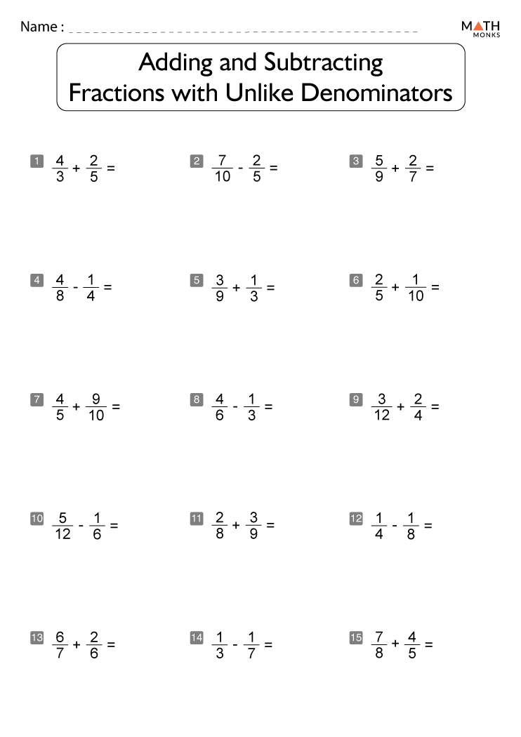 Adding And Subtracting Fractions Unlike Denominators Worksheet Adding And Subtracting Fractions Unlike Denominators Worksheet