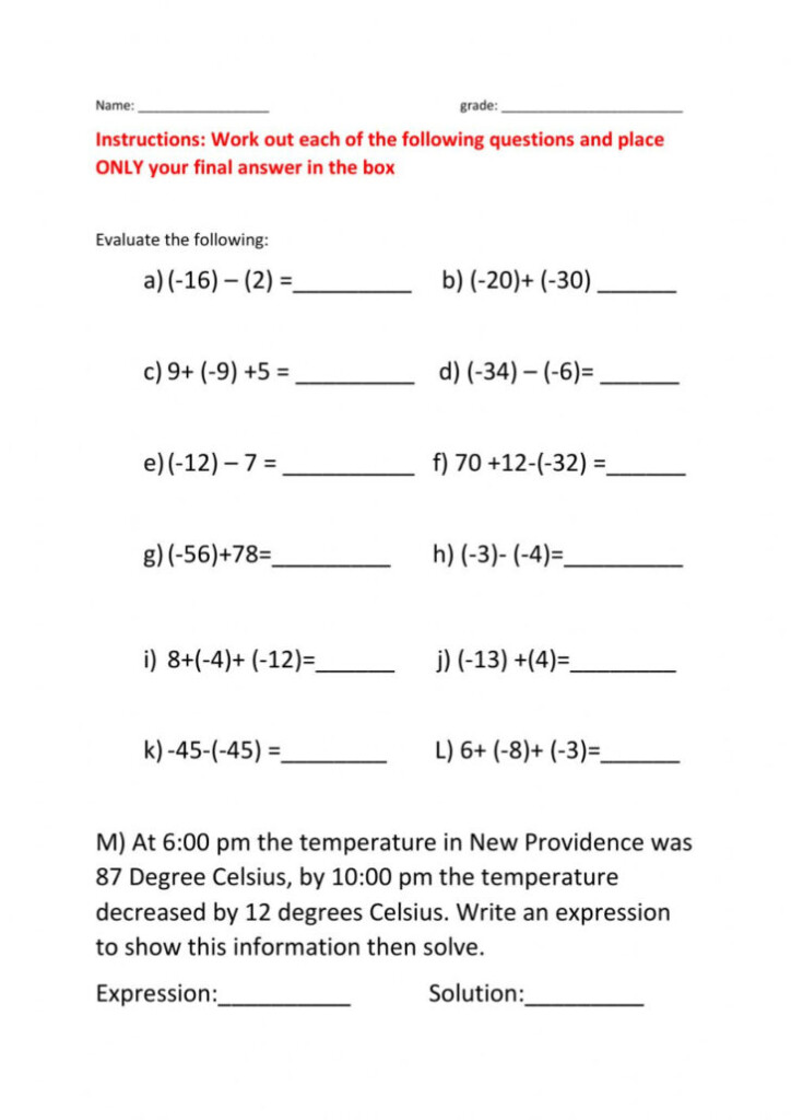 Adding Subtracting Integers Worksheet Subtracting Integers Worksheet 